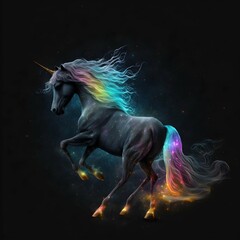 A matt black unicorn with a flowing rainbowcolored mane and tail flies through the magical universe stars moon 28k resolution high quality 
