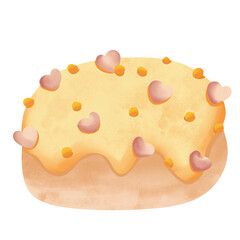 Bread, donuts, sandwiches, hand drawn cartoon style in pastel tones.