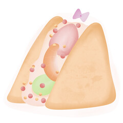 Bread, donuts, sandwiches, hand drawn cartoon style in pastel tones.