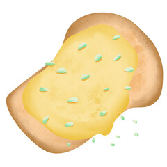 Bread, donuts, sandwiches, hand drawn cartoon style in pastel tones.