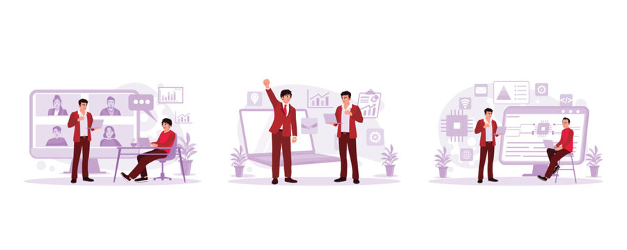 Business people have online meetings with colleagues. The businessman is accessing business graphics and digital marketing. Engineers access the network structure administration system. Trend Modern.