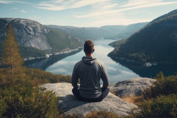 Back view of a man sitting in yoga pose in mountains, Generative AI