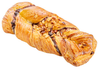 Large Chocolate Twist bakery on whitebackground , Butter viennoiserie, twisted in shape with chocolate on PNG File.