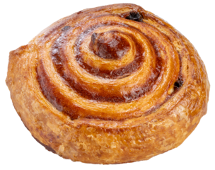 Raisin Danish Pastry or Cinnamon Swirl on wite background, Danish pastry swirl bakery isolate on white PNG File.