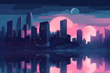 Fototapeta na wymiar Cityscape at night. pink and blue colours. style of flat illustration. generative AI.