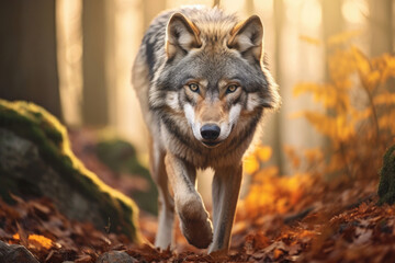 Wolf walking in an autumn forest, Generative AI