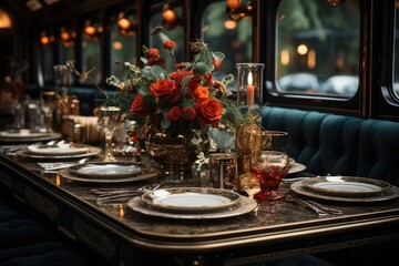 Fototapeta na wymiar Train interior of the dining area in a style of luxury with a dining table and dining set, light from a lamp and candlelight. Generative AI