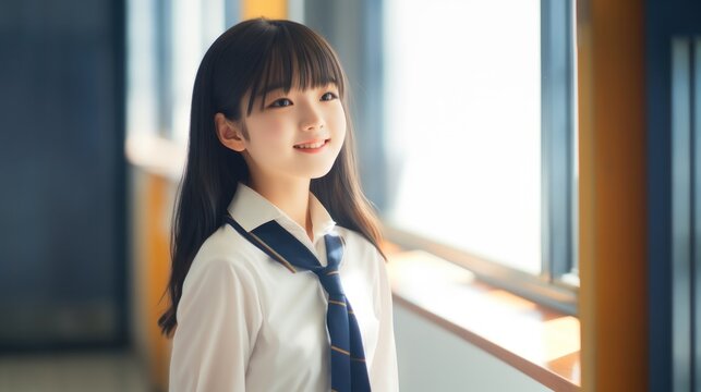 A young Japanese high school girl wearing school uniform is smiling in a classroom.