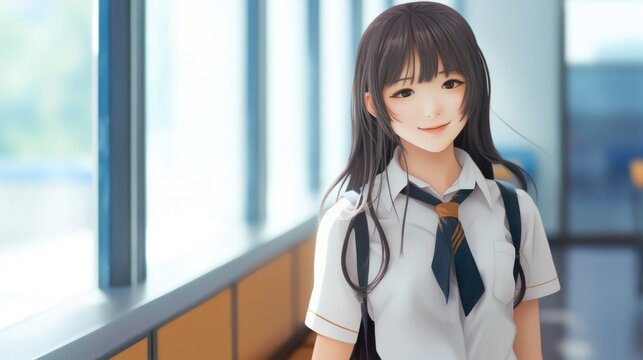 A young Japanese high school girl wearing school uniform is smiling in a classroom. anime cartoon style.