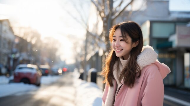 Japanese woman in a light pink coat is walking down the street on a bright winter afternoon. The background is a snowy landscape.