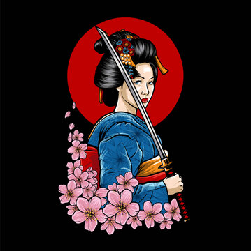 Vector geisha with sword in hand on cherry blossom background