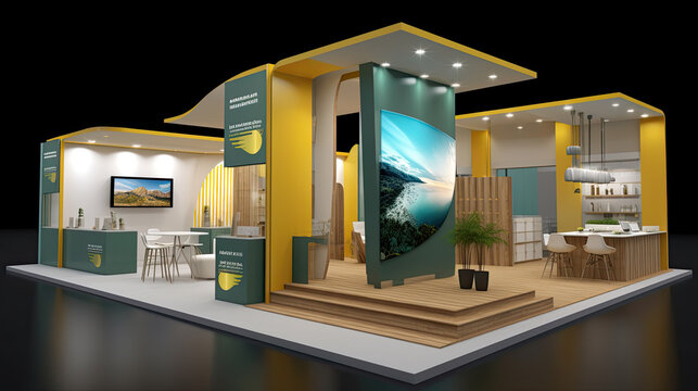 Professional visualization of a large company exhibition stand ready to receive brands and advertisements.