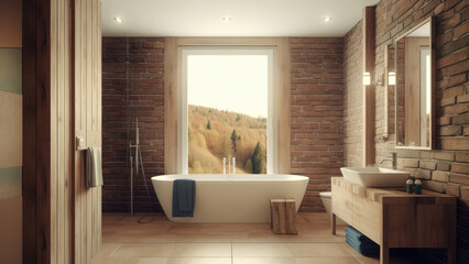 A cozy bathroom offering a mountain view, adorned with red brick walls that add rustic charm, and featuring wood furniture for an inviting ambiance. Photorealistic illustration, Generative AI
