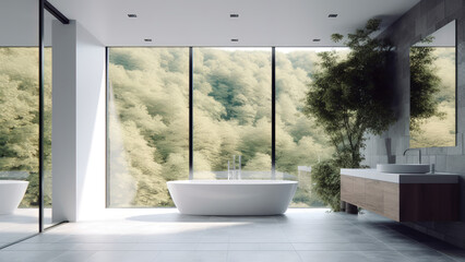 A minimalist bathroom offering a forest view, featuring a serene white interior, accented by a sophisticated gray stone floor and wall. Photorealistic illustration, Generative AI