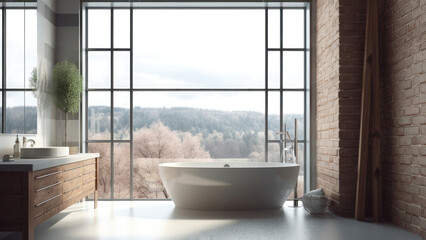A hilltop house bathroom with a panoramic view, enhanced by a red brick wall, blending natural beauty and rustic charm in a captivating setting. Photorealistic illustration, Generative AI