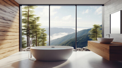 A cozy bathroom situated on a mountaintop, boasting stunning mountain views and featuring a delightful blend of wood and tile walls. Photorealistic illustration, Generative AI