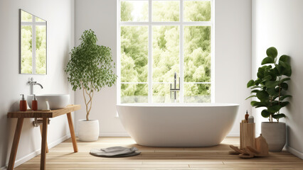Fototapeta premium A cozy and intimate small bathroom with a white interior, featuring a bathtub thoughtfully placed by the window, offering a relaxing bathing experience. Photorealistic illustration, Generative AI