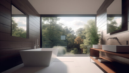 A cozy home bathroom exuding natural warmth with redwood interior finishes, and a delightful forest view outside the window. Photorealistic illustration, Generative AI