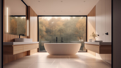 A serene home bathroom with a forest view, featuring inviting wood walls and a touch of elegance with a marble tile floor. Photorealistic illustration, Generative AI
