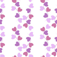 Delicate flowers with hearts isolated on a white background. Pink and lilac seamless pattern. Romantic background for paper, cover, fabric, interior decor.