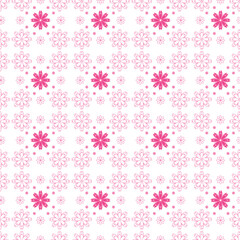 Pink flowers on a white background. Seamless pattern. Symmetrical repeating pattern of pink and white flowers. Light background for paper, cover, fabric, interior decor.
