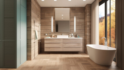 A cozy home bathroom offering serene forest views, with an inviting all-wood finish interior that creates a comforting ambiance. Photorealistic illustration, Generative AI