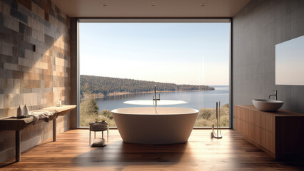 Fototapeta na wymiar A small and cozy vacation home bathroom offering a serene ocean view, with a floor-to-ceiling window that frames the scenery. Photorealistic illustration, Generative AI