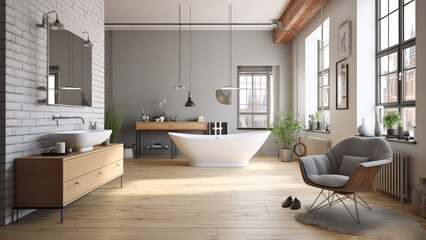 A distinctive loft bathroom featuring a centrally positioned bathtub, surrounded by a clean white interior accentuated by a rustic brick wall. Photorealistic illustration, Generative AI