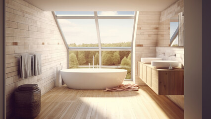 A bathroom adorned with slanted windows that follow the roofline, while its stone tile wall contrasts with the wood floor and built-ins. Photorealistic illustration, Generative AI