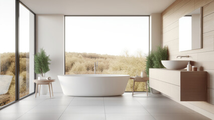 A vacation house bathroom, bathed in the gentle embrace of sunlight, boasting a white interior that creates an inviting atmosphere. Photorealistic illustration, Generative AI