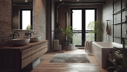 A loft bathroom with charming brick walls, a comforting wood floor, and convenient wood built-ins. Photorealistic illustration, Generative AI