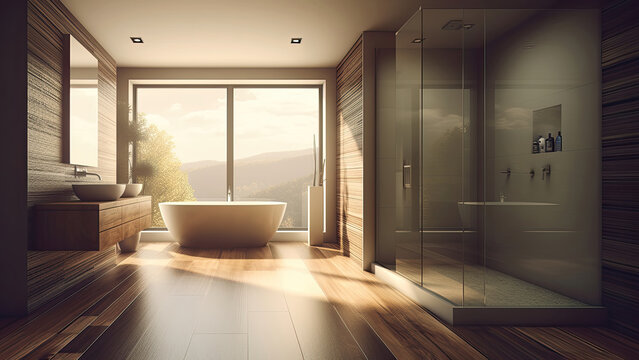 A cozy home bathroom, featuring a comforting shower booth and an inviting all-wood interior. Photorealistic illustration, Generative AI