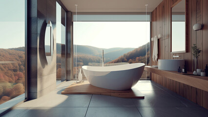Fototapeta premium A hotel bathroom boasting encircling windows, featuring a corner bathtub that offers a scenic view, complemented by a wood wall and built-ins. Photorealistic illustration, Generative AI