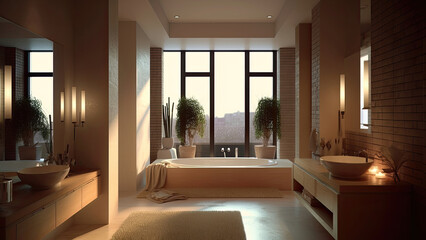 An apartment bathroom designed for two, bathed in the warm hues of sunset, featuring an inviting off-white interior. Photorealistic illustration, Generative AI