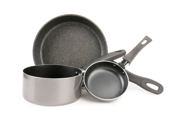 Set of frying pans on white background