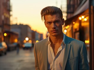 Fototapeta premium fashion portrait of a sharp dressed man male model outside in an urban setting with a 50s style haircut, generative ai