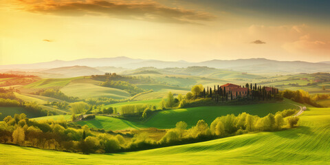 Fototapeta na wymiar eautiful and miraculous colors of green spring panorama landscape of Tuscany, Italy. Tuscany landscape with grain fields, cypress trees and houses on the hills at sunset