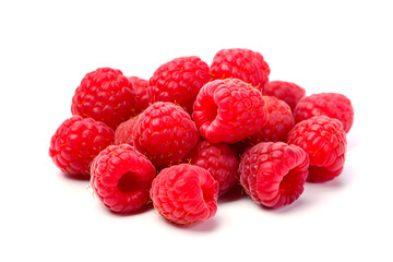 Bunch of ripe raspberry berries on white background close up.