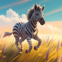 zebra running on grass field Generated AI