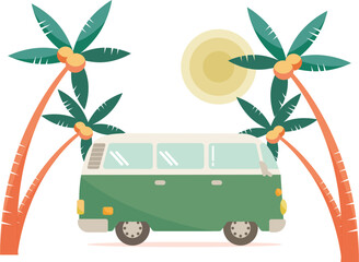 椰子の木と太陽を背景に走るレトロな雰囲気のキャンプに行くのに最適なバンのイラスト