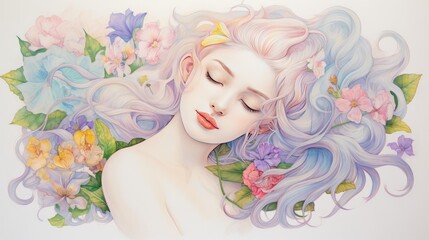 This illustration portrays a beautiful woman adorned with an array of flowers. The artwork captures her grace and elegance, with the delicate blooms complementing her features. AI-Generated - 618361980