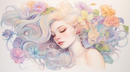 This illustration portrays a beautiful woman adorned with an array of flowers. The artwork captures her grace and elegance, with the delicate blooms complementing her features. AI-Generated - 618361989