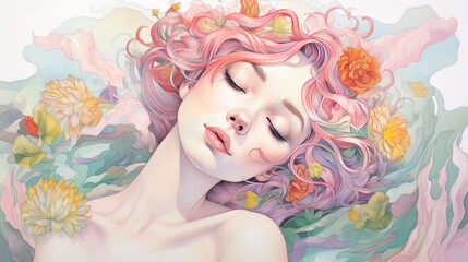 This illustration portrays a beautiful woman adorned with an array of flowers. The artwork captures her grace and elegance, with the delicate blooms complementing her features. AI-Generated - 618361993