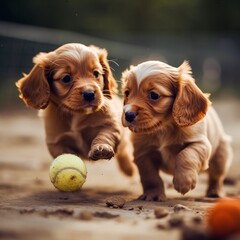happy puppies playing with a tennis ball