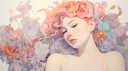 This illustration portrays a beautiful woman adorned with an array of flowers. The artwork captures her grace and elegance, with the delicate blooms complementing her features. AI-Generated - 618361998