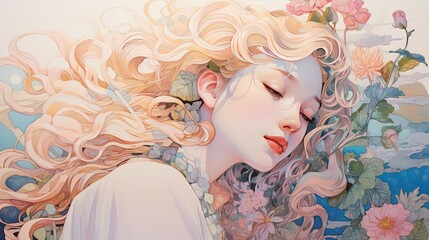 This illustration portrays a beautiful woman adorned with an array of flowers. The artwork captures her grace and elegance, with the delicate blooms complementing her features. AI-Generated - 618361999