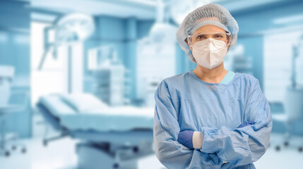 portrait of a Hispanic female surgeon doctor clad in surgery gown, standing in a hospital operating room, exuding confidence and expertise in the medical field