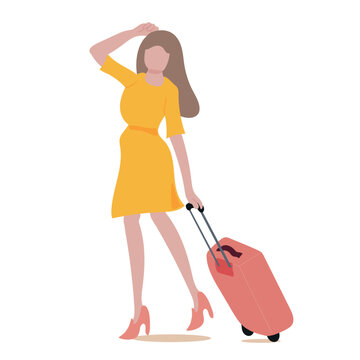 Woman with suitcase, Hand-drawn, vector illustration.