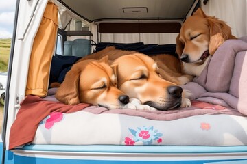 Serene canine slumbers: Adorable dog peacefully resting inside cosy camper van.