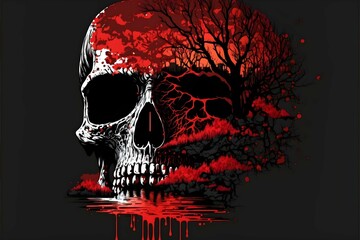 A skull crying a red river of bones Dead fungus brains Horror Darkness Silhouettes Beautiful sad composition 